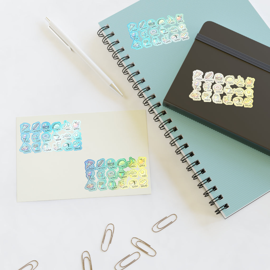 Food icons sticker sheet with blue and yellow clusters on notebooks