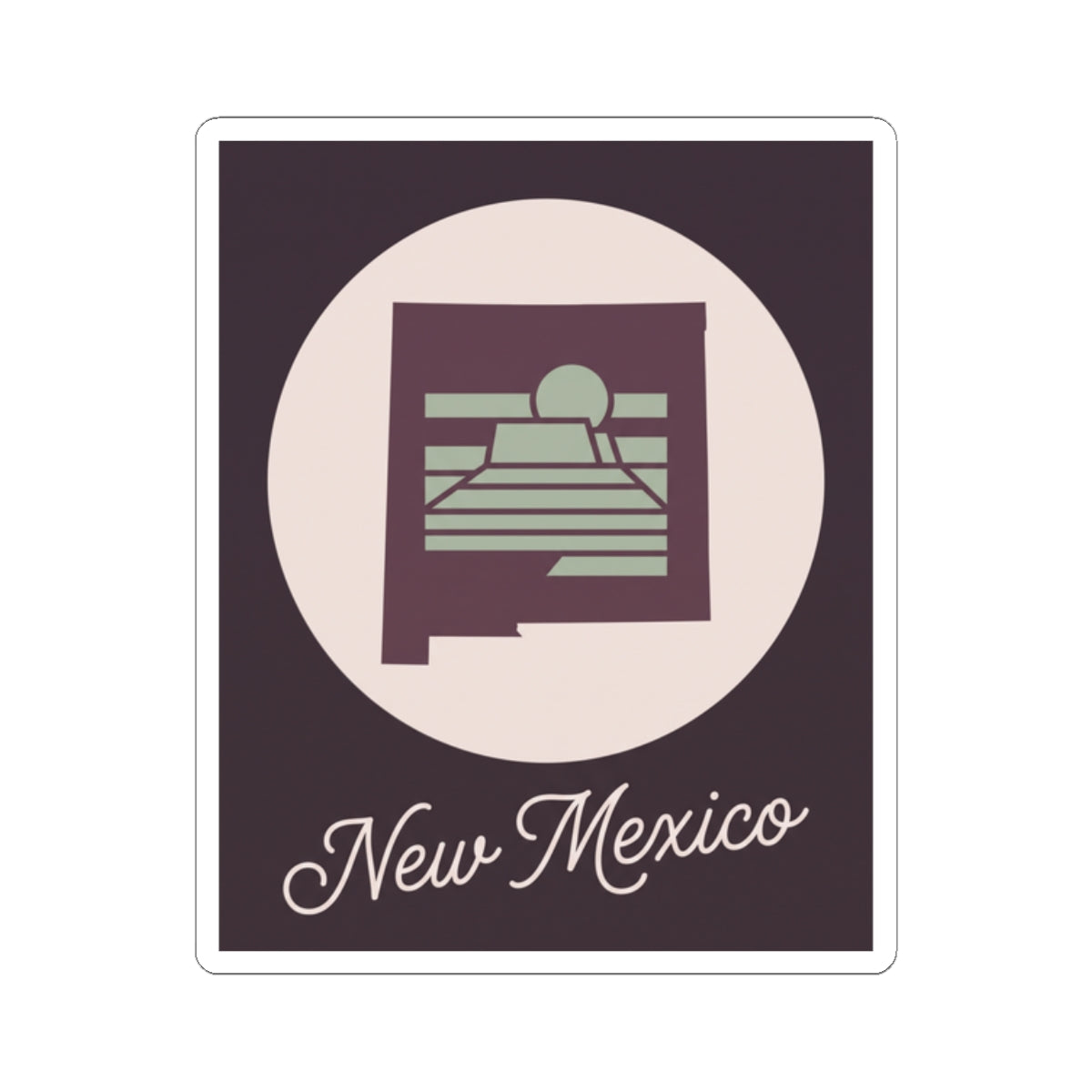 New Mexico sticker decal featuring circular desert mesa with sunrise and “New Mexico” lettering