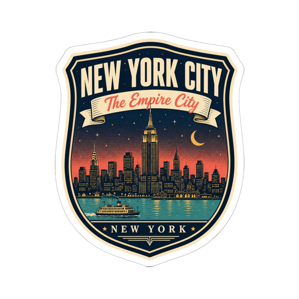 New York City luggage tag sticker featuring “The Empire City” crest and dusk skyline