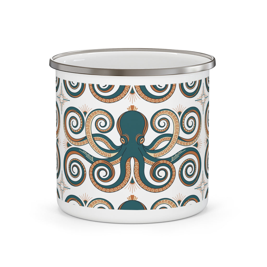 Boho Octopus Enamel Camping Mug | Tribal Swirl Coffee Mug | Nautical Ocean Lover Gift | Aesthetic Boho Mug | Beach Camping Cup Gift