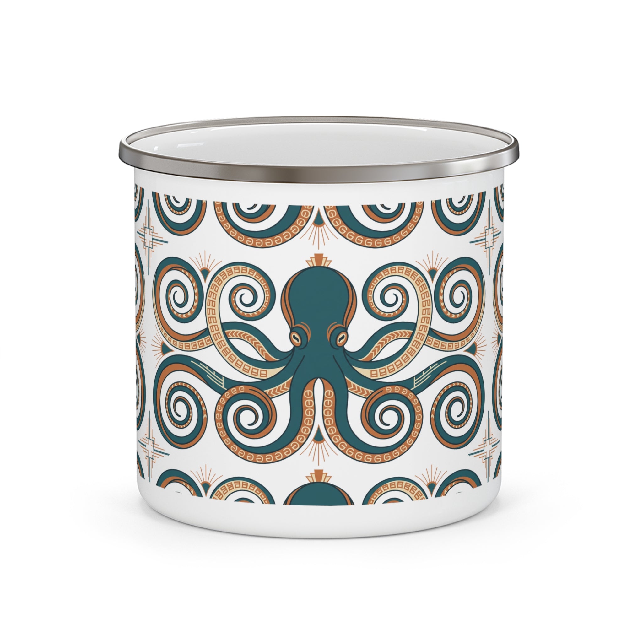 Boho Octopus Enamel Camping Mug | Tribal Swirl Coffee Mug | Nautical Ocean Lover Gift | Aesthetic Boho Mug | Beach Camping Cup Gift