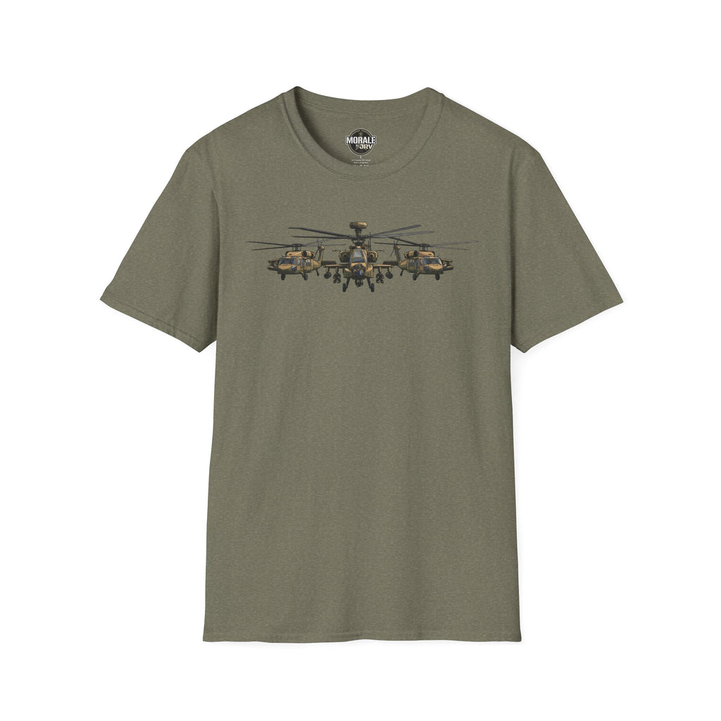 Military green T-shirt with Apache helicopter formation graphic across the chest