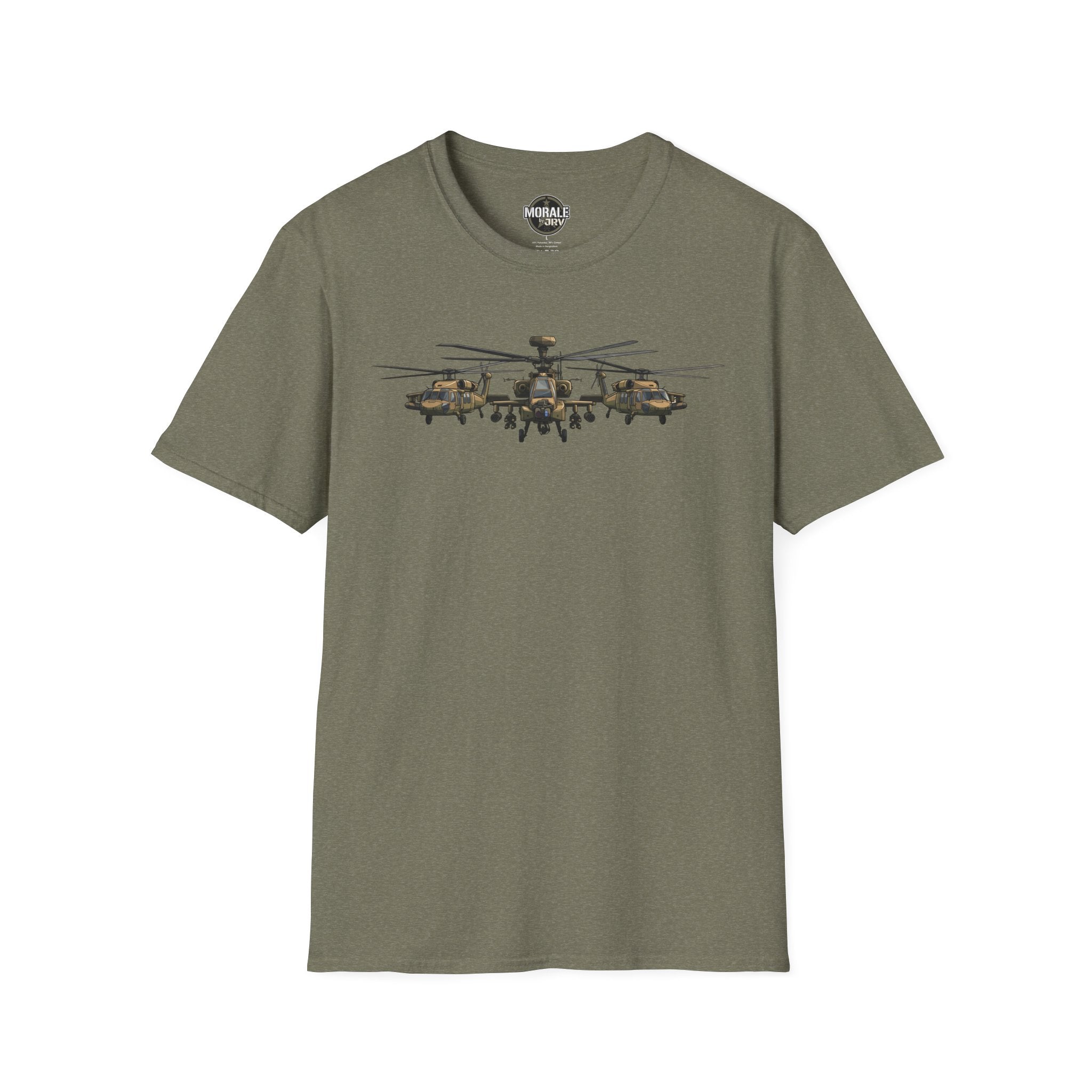 Military green T-shirt with Apache helicopter formation graphic across the chest