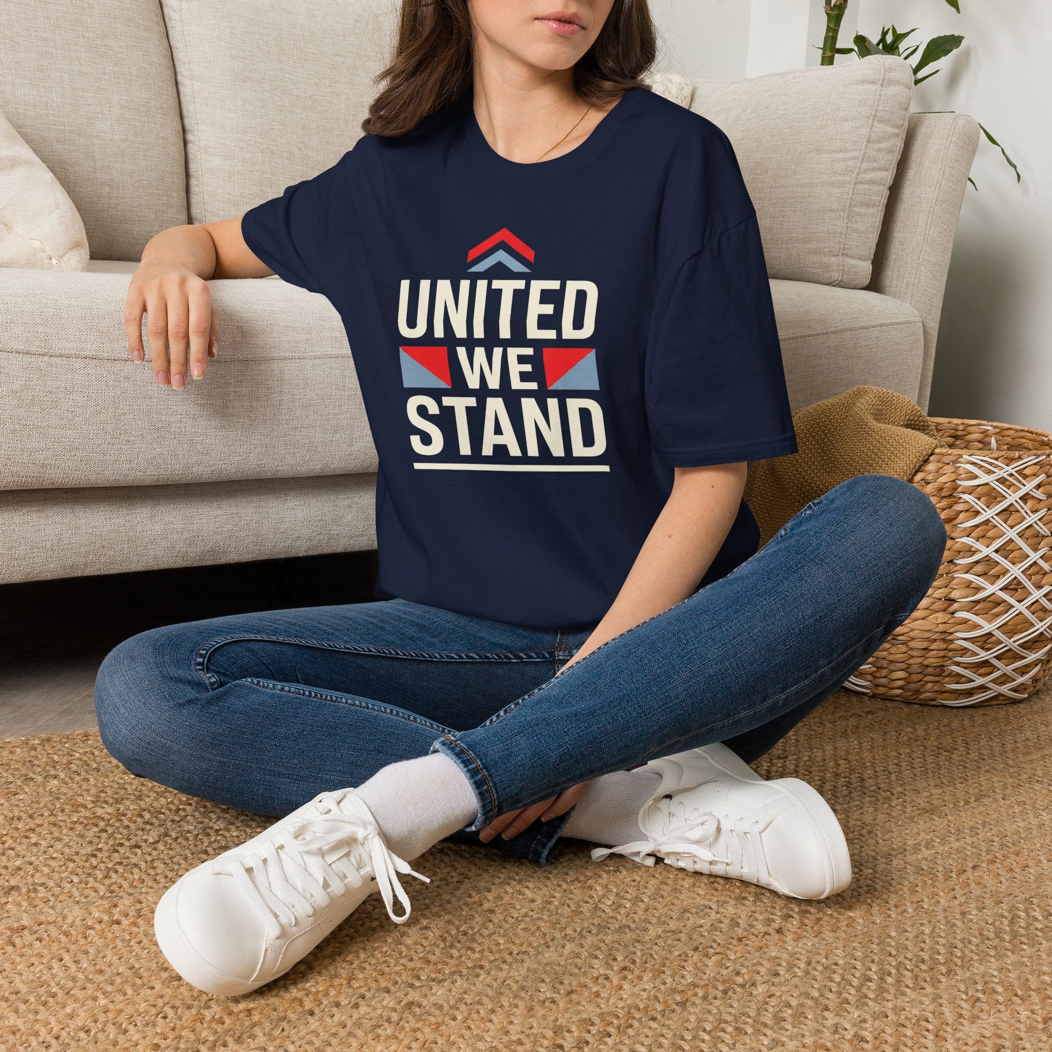 Navy crewneck T-shirt with United We Stand front lettering graphic