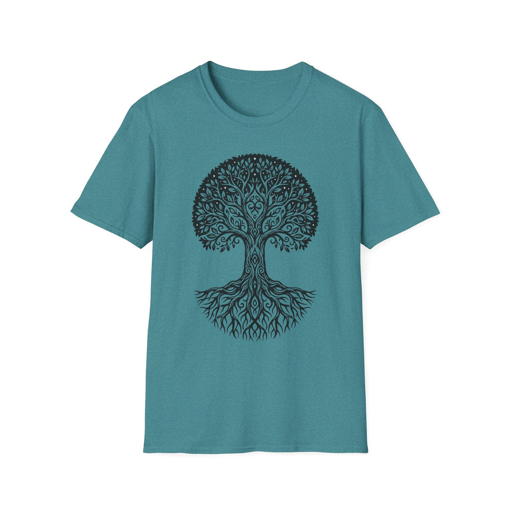 Tree of Life T-shirt, teal; tree of life graphic with swirling leaves and roots