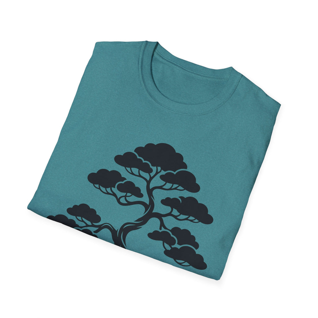 Teal T-shirt with black bonsai tree silhouette graphic on front