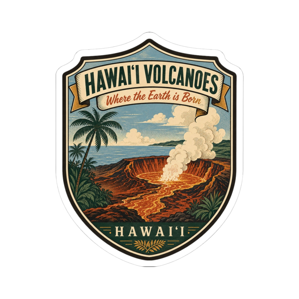 White die-cut travel sticker with Hawai'i Volcanoes shield, lava flow and palm artwork