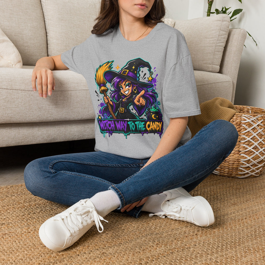 Witch Way To The Candy T-Shirt | Funny Halloween Witch Graphic Tee | Spooky Season Gift | Trick or Treat Shirt