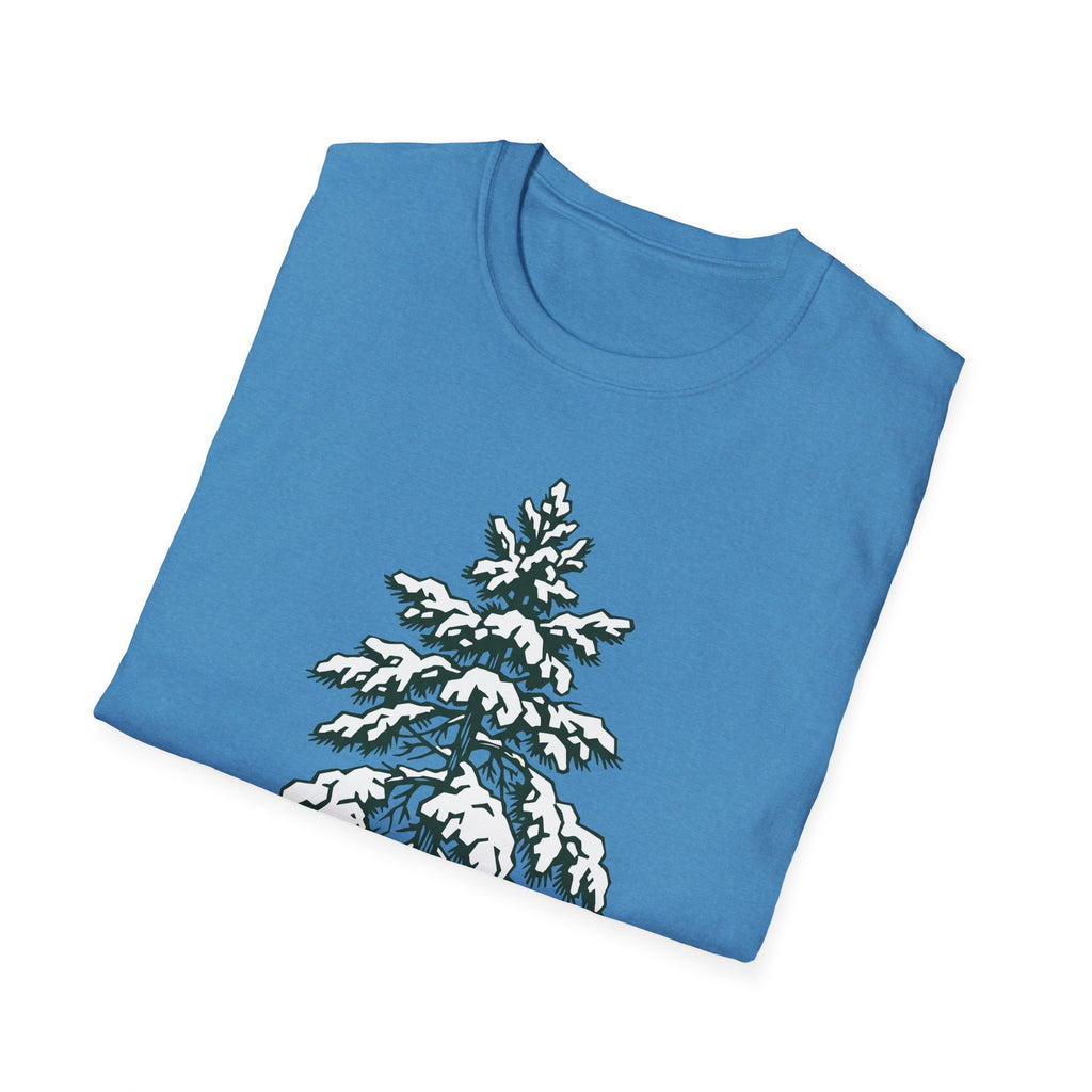 Blue T-shirt with snowy pine tree illustration graphic on the front