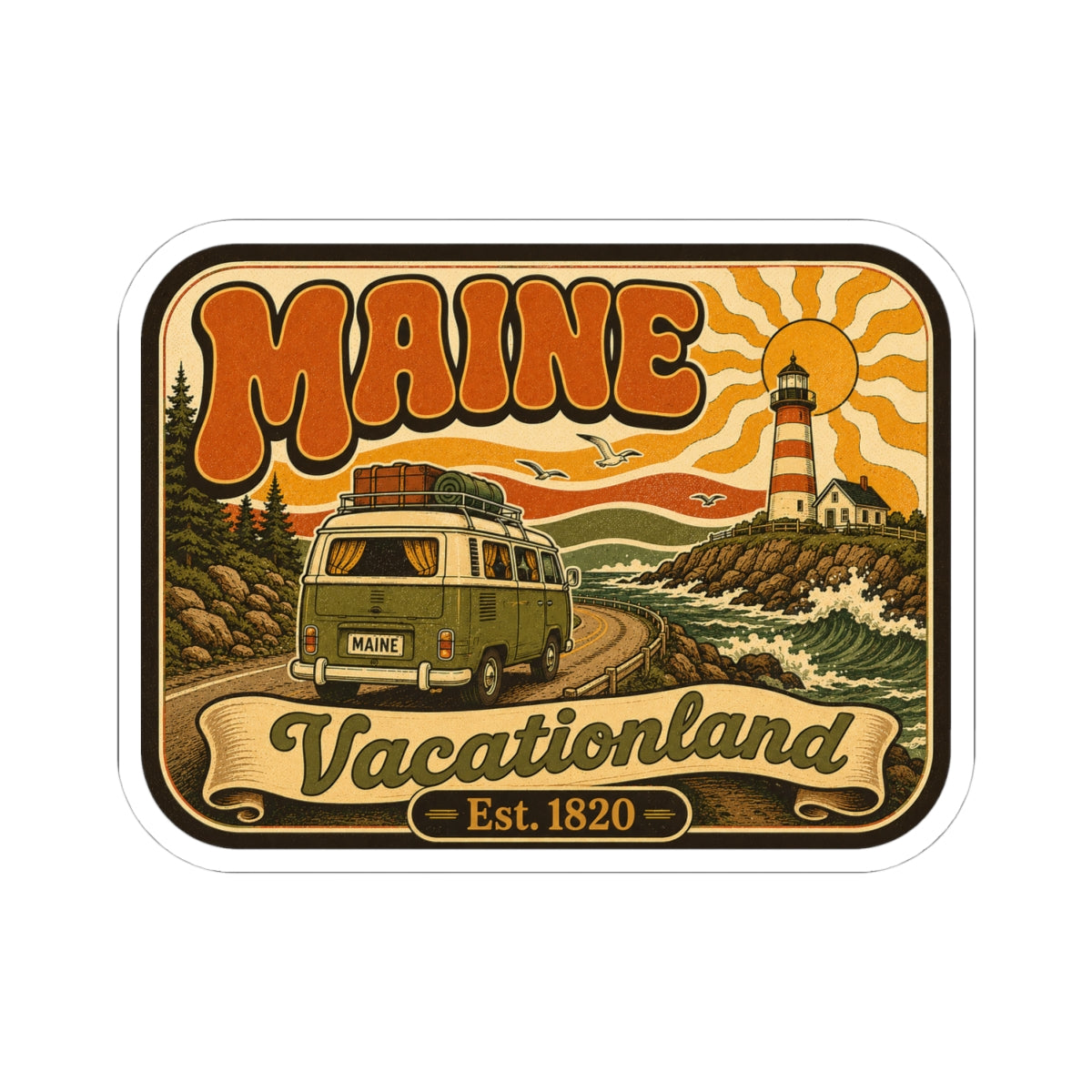 Kiss-cut camper and lighthouse sticker, warm orange sunburst and tan scenic background
