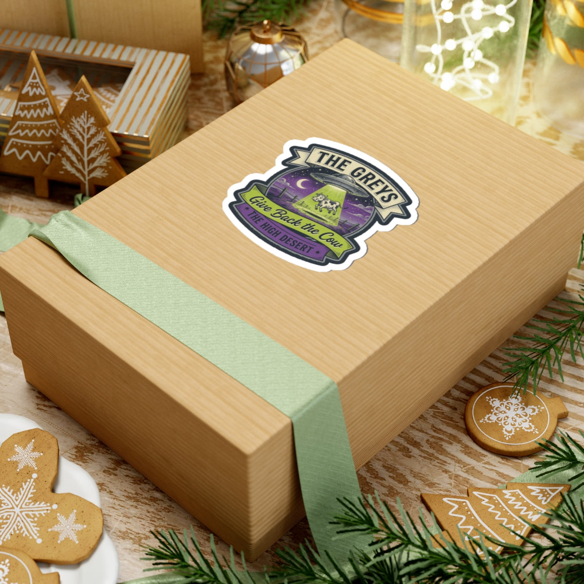 Die-cut sticker on a wrapped gift box with teal ribbon, featuring 'THE GREYS' and a cow.