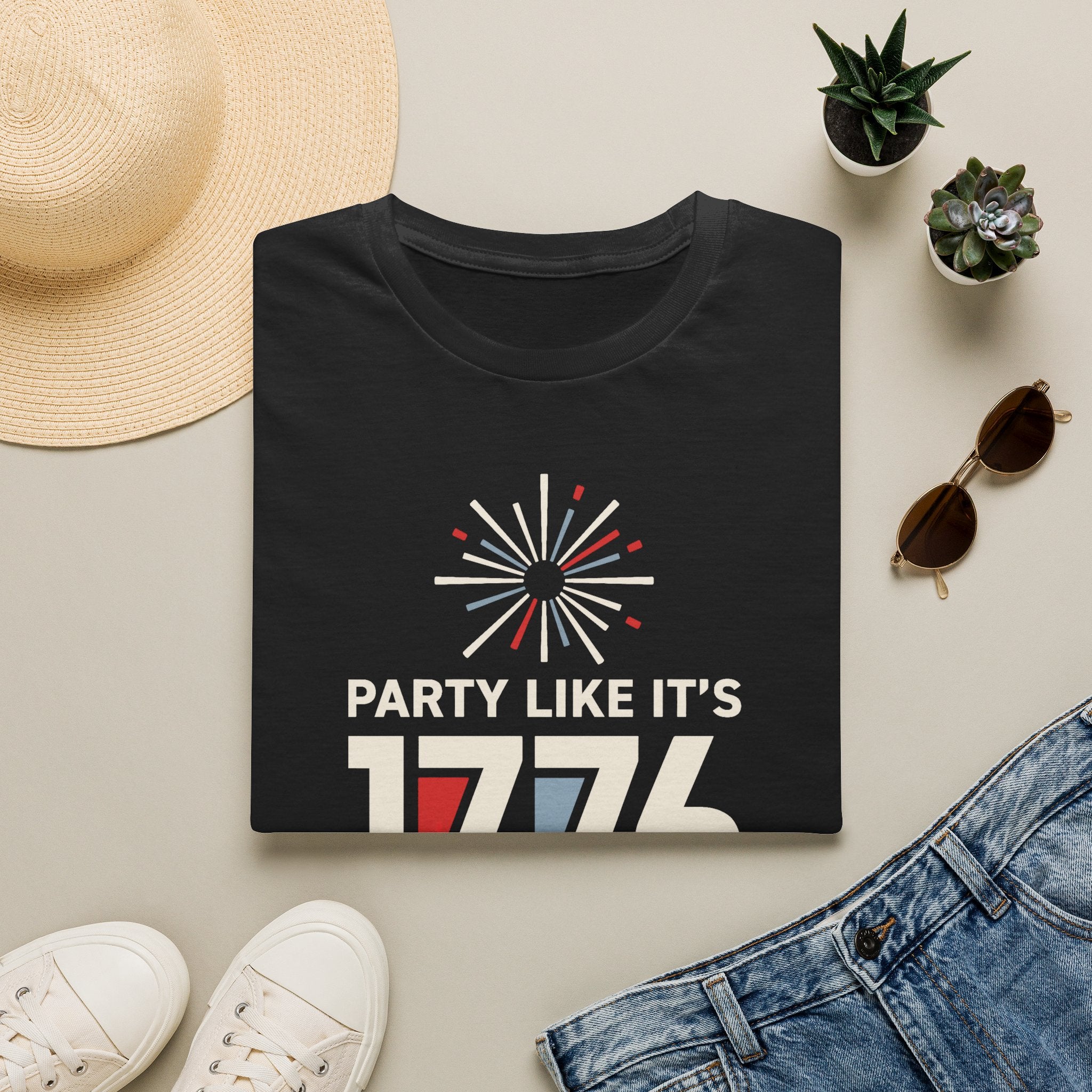 Charcoal T-shirt with fireworks 'PARTY LIKE IT'S 1776' graphic