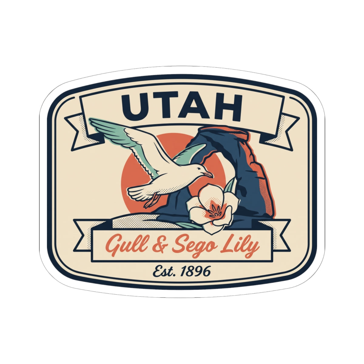 Utah travel sticker showing a gull, sego lily, and Utah banner border
