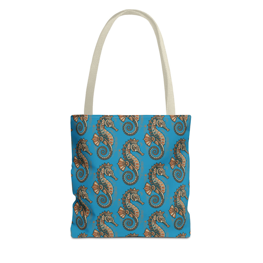 Ocean-blue tote bag with steampunk seahorse and gear pattern, off-white handles