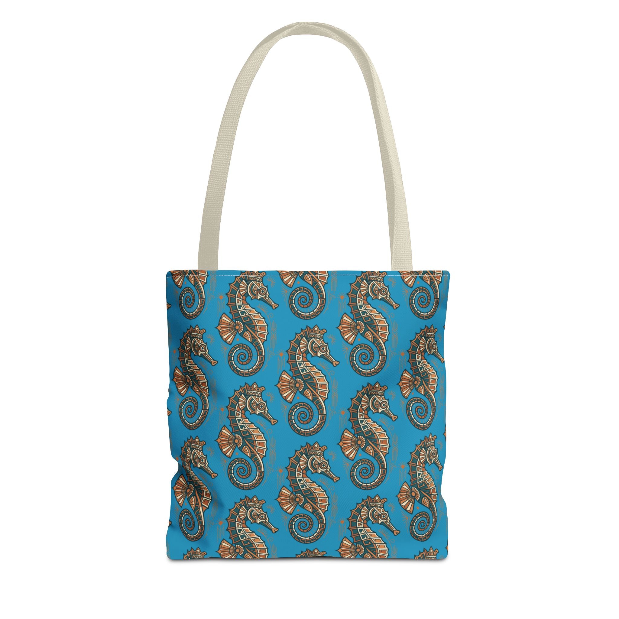 Ocean-blue tote bag with steampunk seahorse and gear pattern, off-white handles