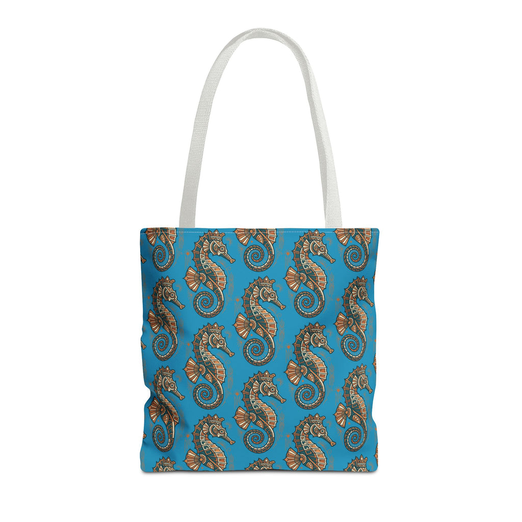 Ocean-blue tote bag with steampunk seahorses and gears, gray carry handles