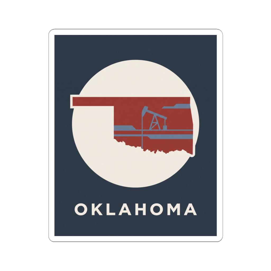 Kiss-cut vinyl Oklahoma sticker with oil rig graphic and OKLAHOMA text