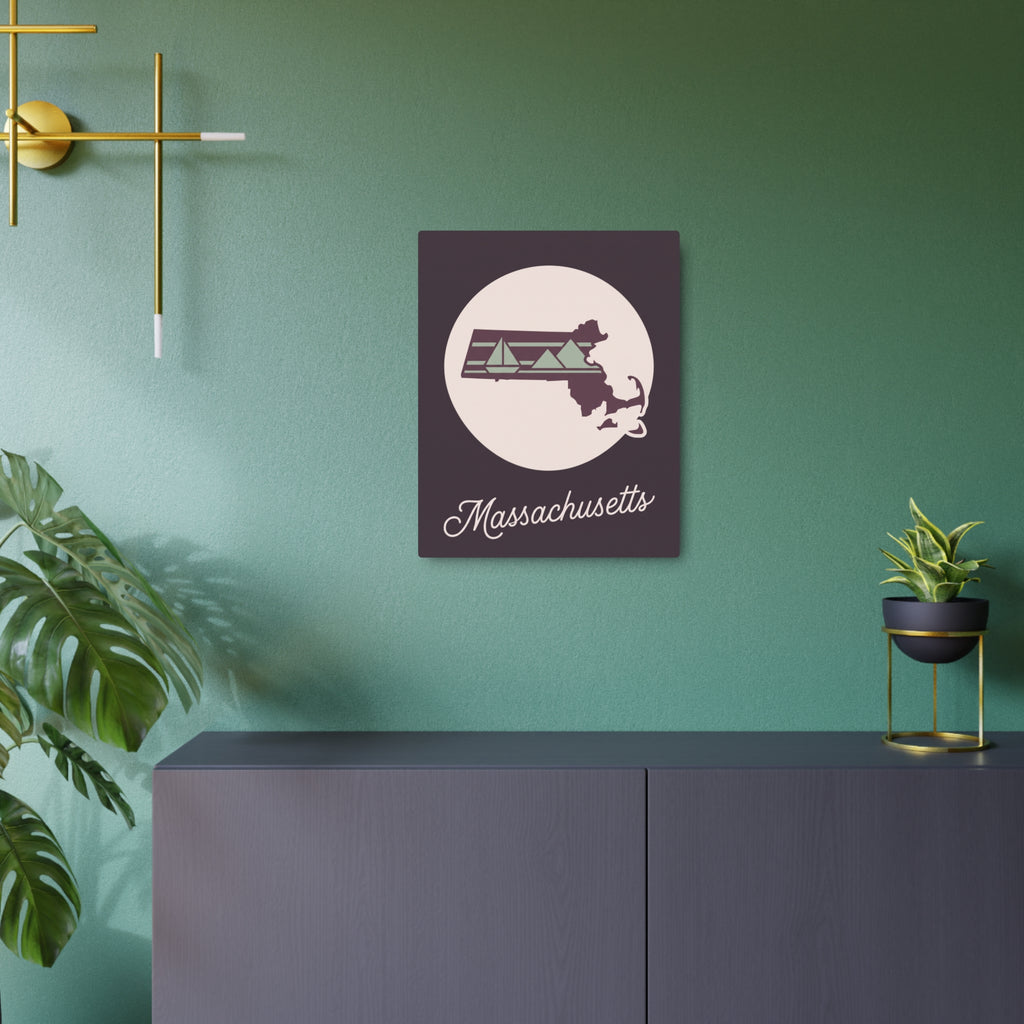 Massachusetts silhouette metal wall art: dark square, pale circle, shoreline icon, cursive text.