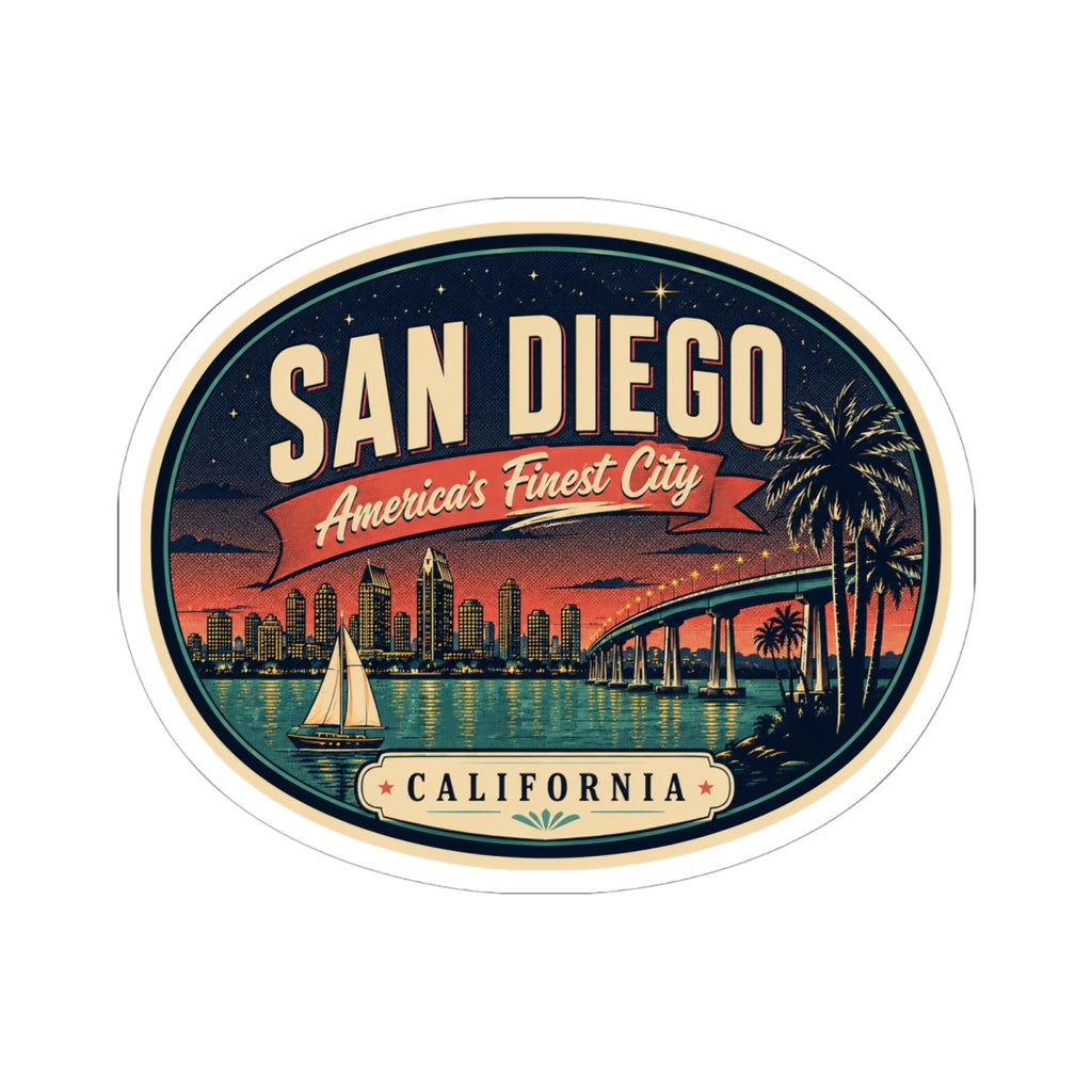 Round San Diego California luggage tag sticker with skyline, sailboats, and bridge scene