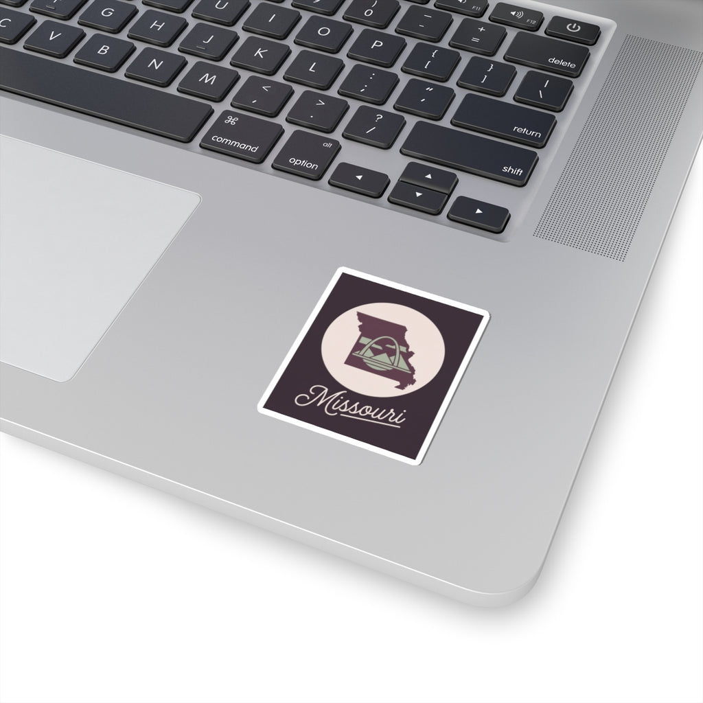 Missouri state silhouette decal, square sticker with script on laptop