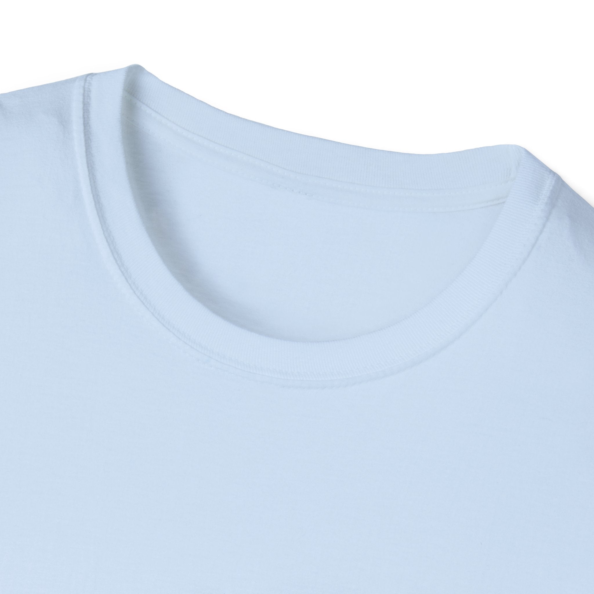 Light blue heather T-shirt close-up of crew neckline