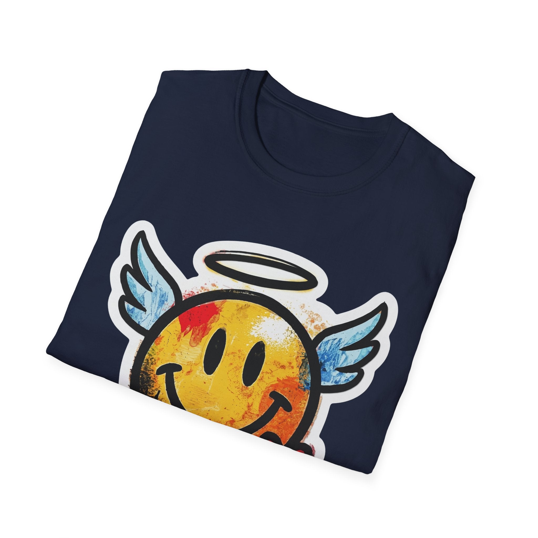 Navy Graffiti Angel Smiley T-Shirt mit gelber Smiley-Flügel-Grafik vorne