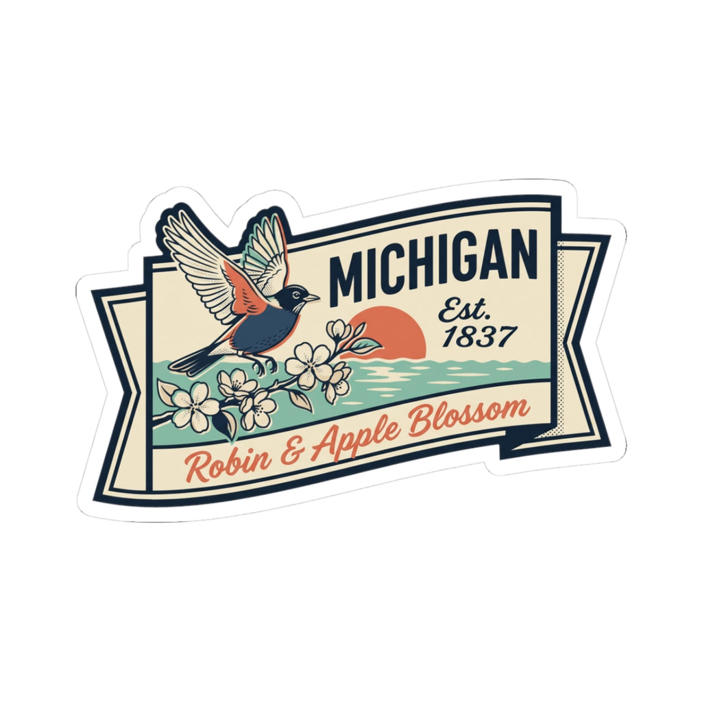 Vintage Michigan state badge sticker with robin, apple blossoms, and text “Est. 1837”