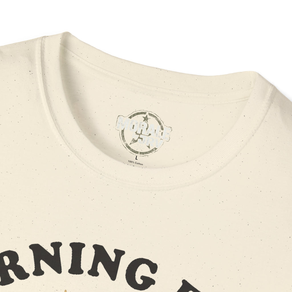 Natural T-shirt neckline with small circular graphic and cotton label