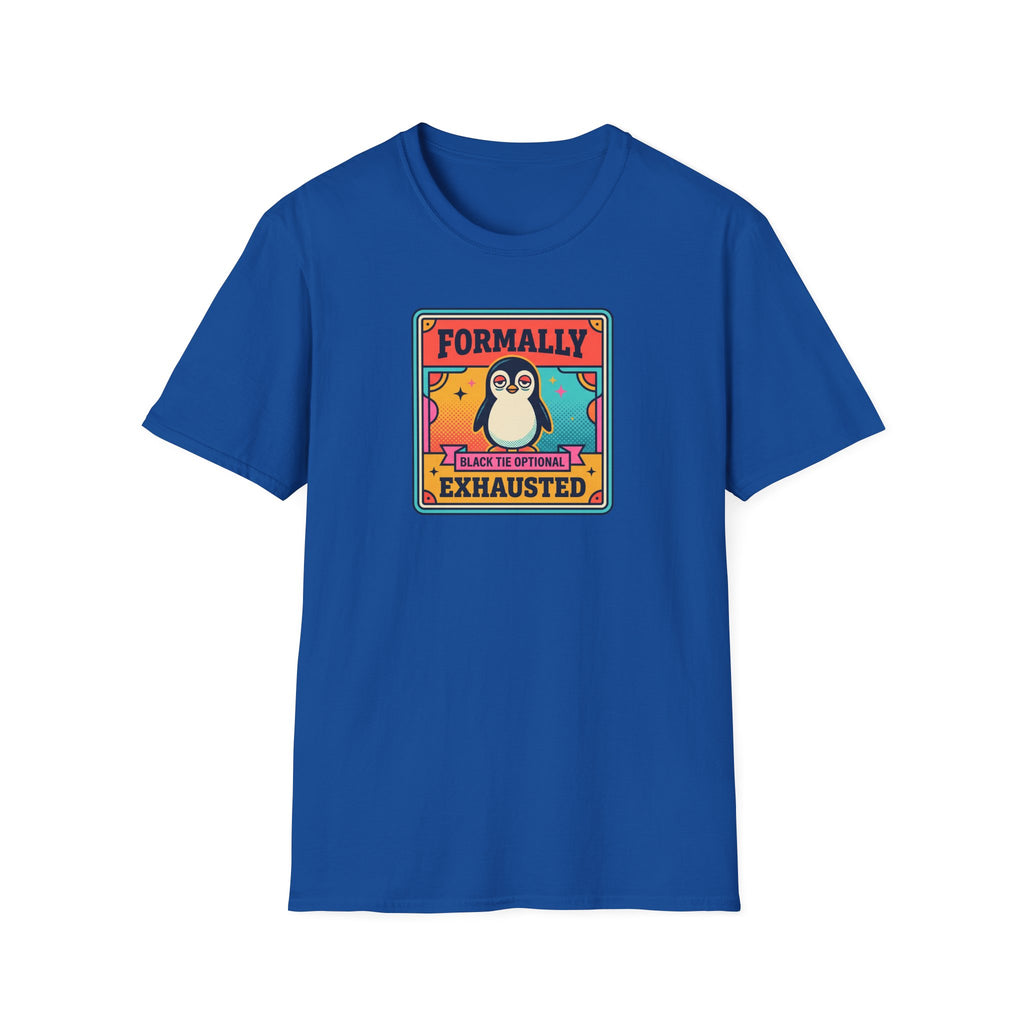 Funny Penguin T-Shirt | Formally Exhausted Black Tie Optional Retro Graphic Tee | Penguin Gift