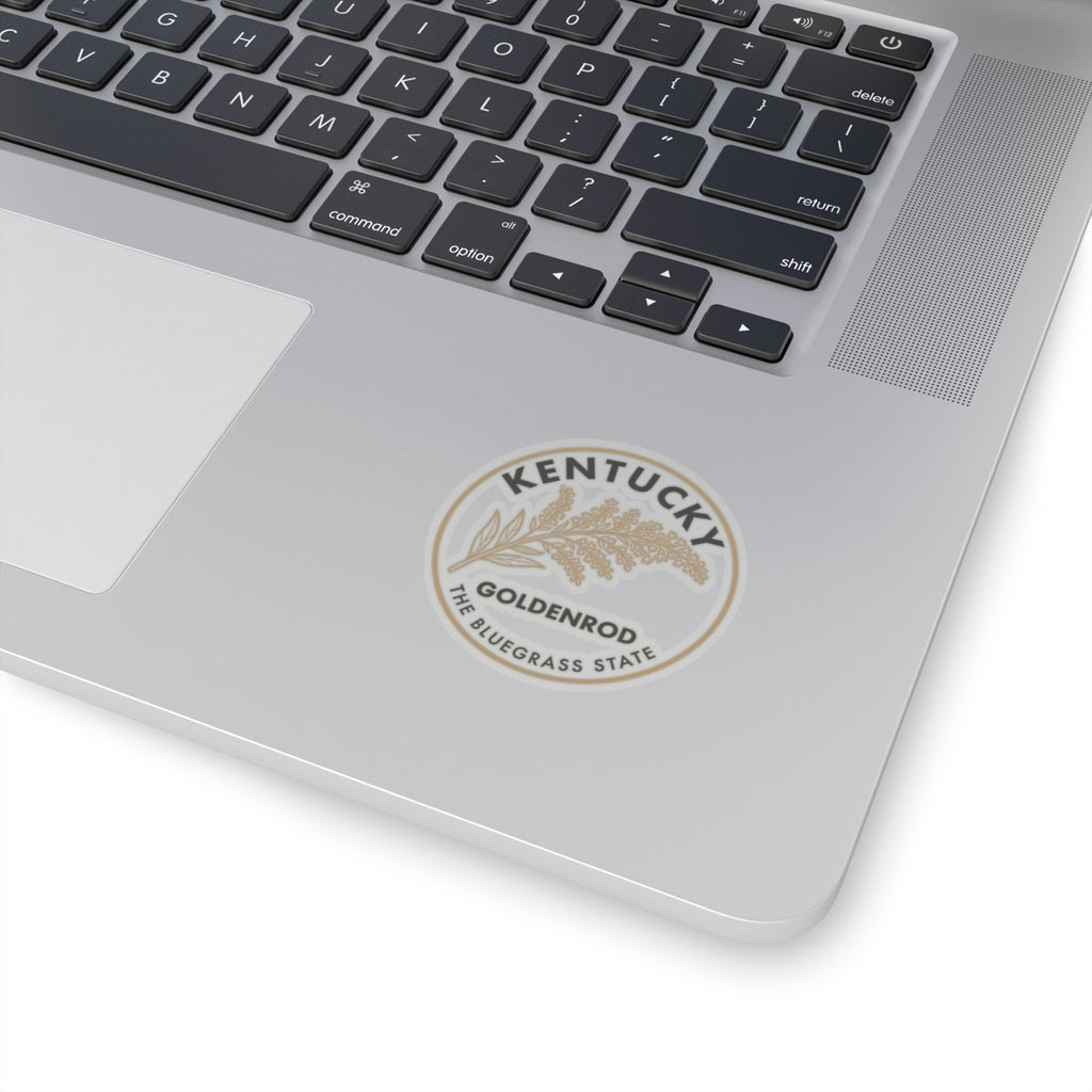 Goldenrod state flower sticker on a laptop lid with Kentucky Bluegrass State text