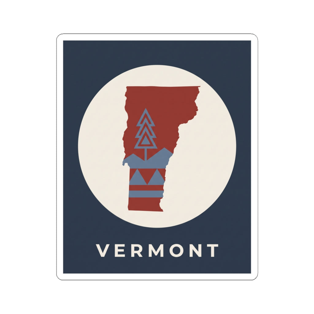 Vermont map sticker, red state with blue geometric mountains over a beige oval, 'VERMONT' below