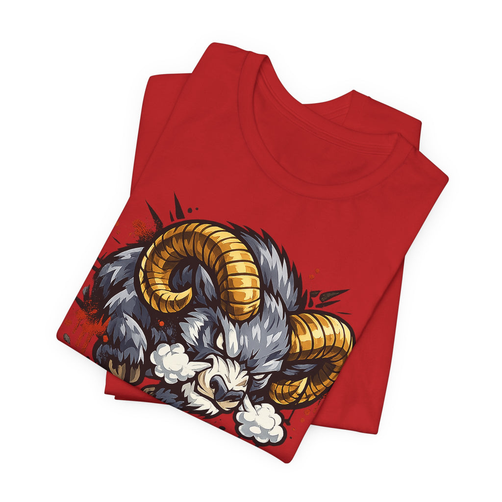 Charging Ram Illustration T-Shirt | Angry Horned Animal Graphic Tee, Wild Bighorn Art Unisex Gift