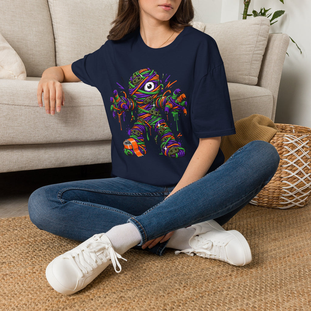 Navy mummy illustration T-shirt with colorful wrapped monster graphic on front