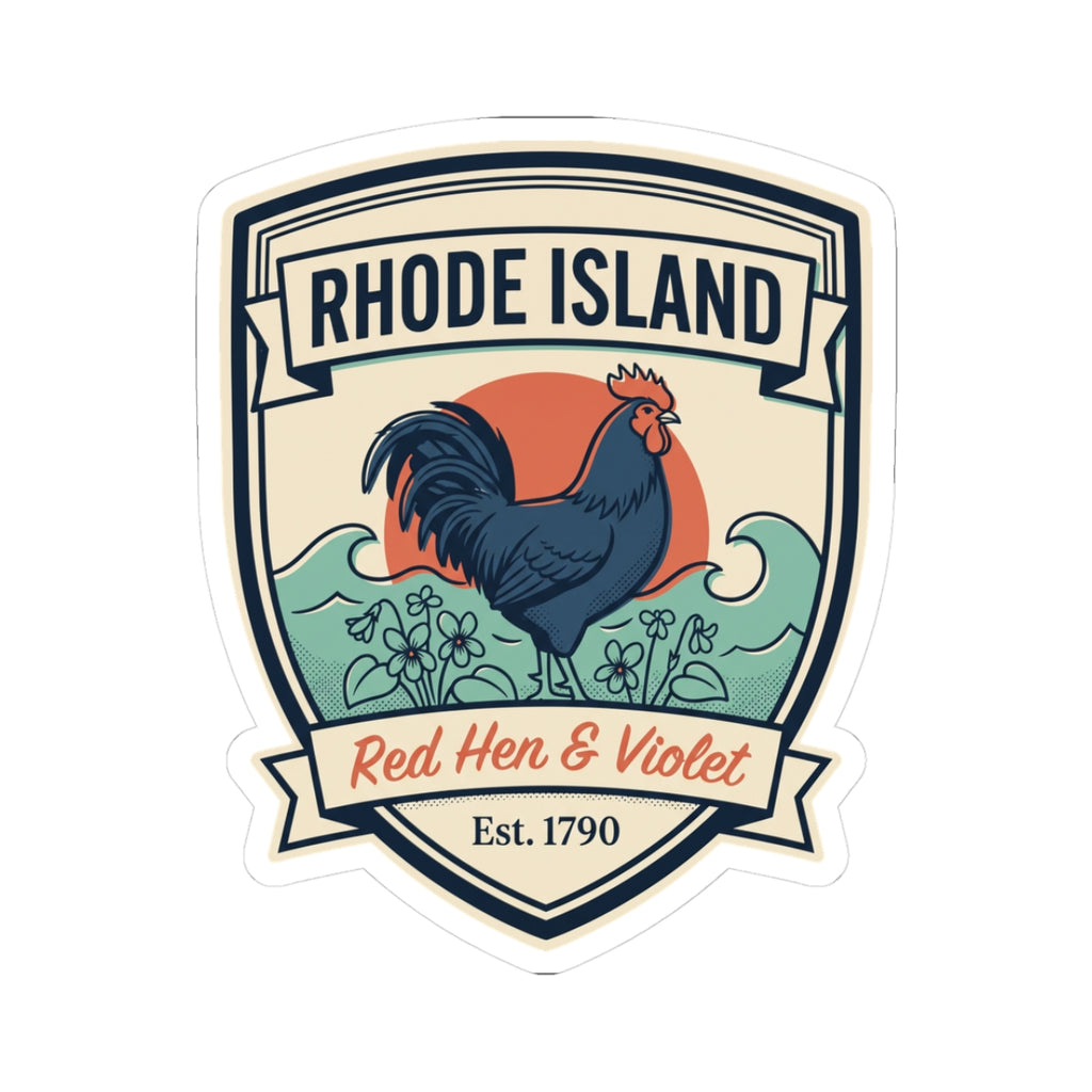 Rhode Island badge sticker with black rooster and "Red Hen & Violet" text