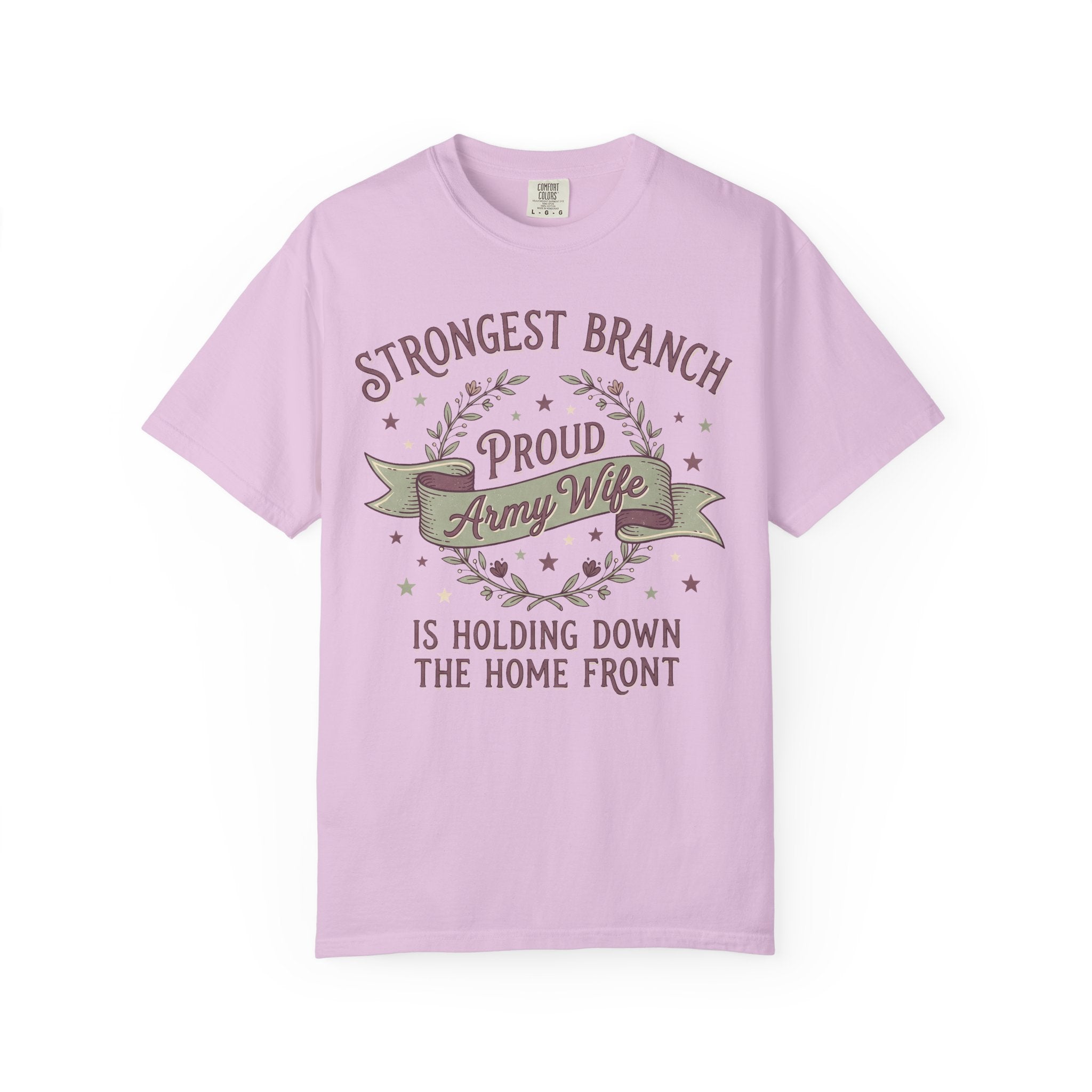 Lavender t-shirt with front graphic reading 'Strongest Branch' and 'Proud Army Wife'