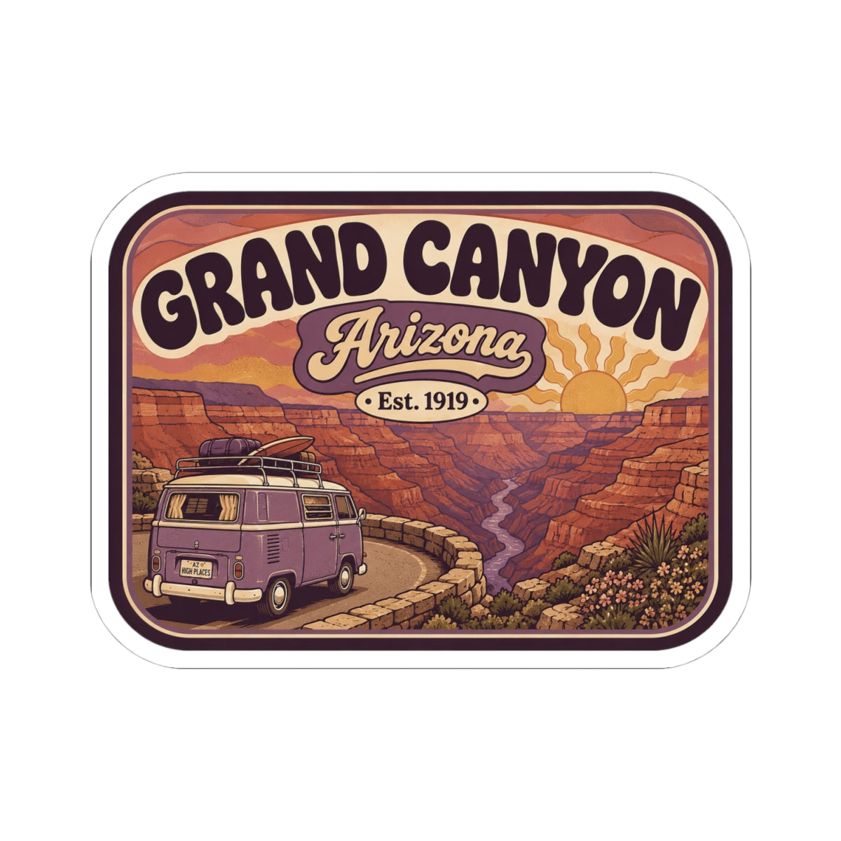 Grand Canyon sticker, rounded rectangle design featuring "Grand Canyon" and "Arizona" with camper van
