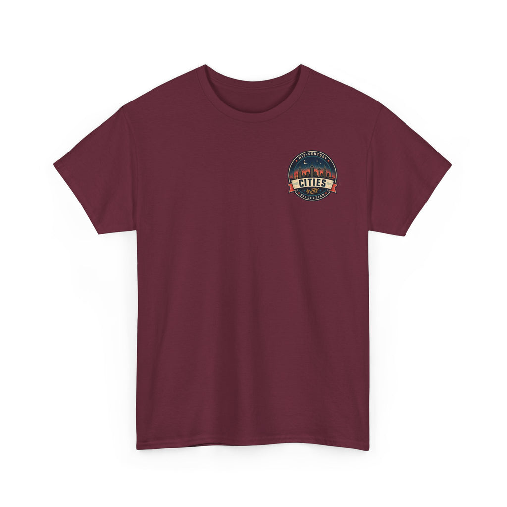 Maroon T-shirt with round Cities city-badge graphic on left chest