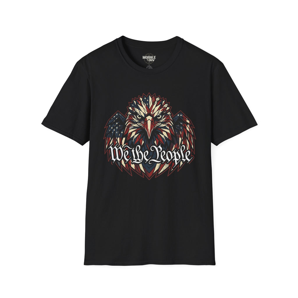 Eagle graphic T-shirt, black with multicolor patriotic We the People print