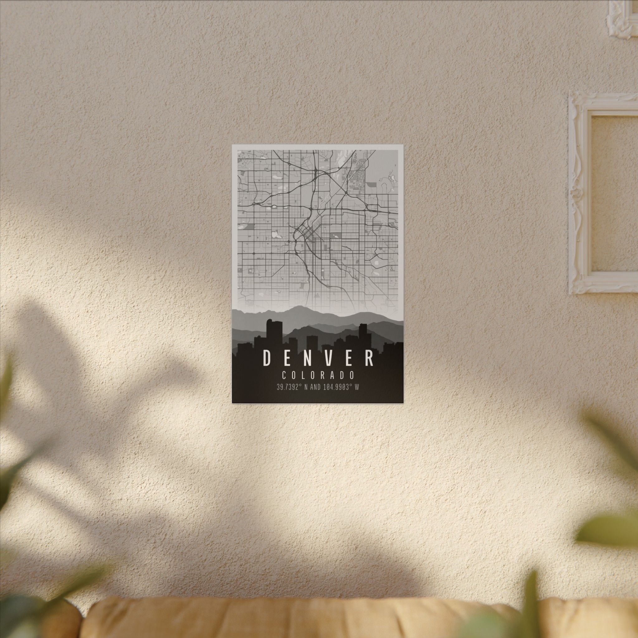 Denver skyline map canvas with white border and “DENVER COLORADO” at the bottom.