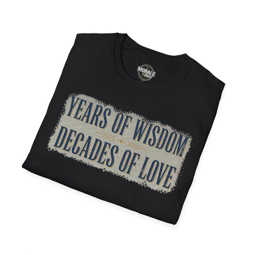 Black T-shirt with “Years of Wisdom, Decades of Love” graphic in blue and gold