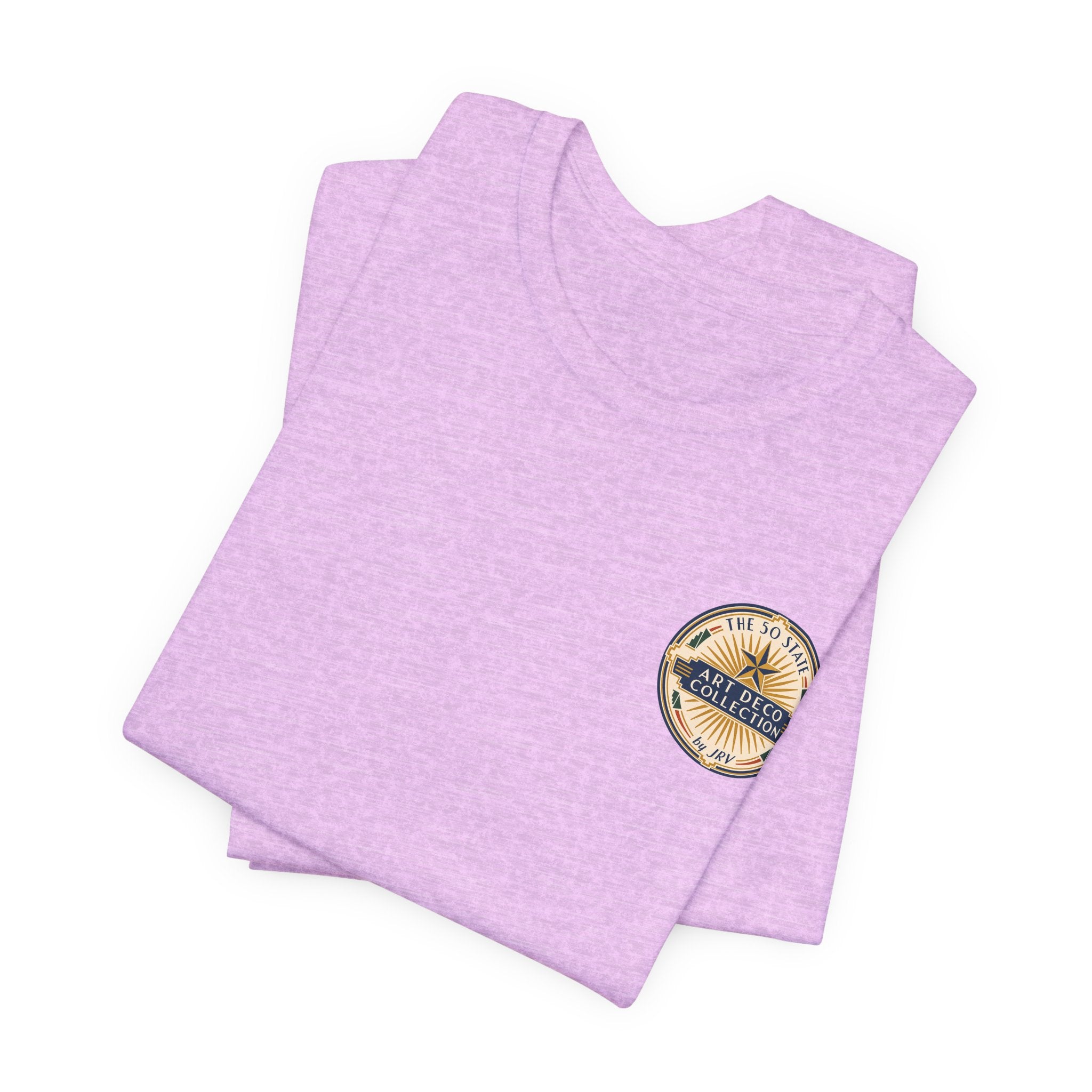 Lavender art deco graphic T-shirt with round logo patch on chest