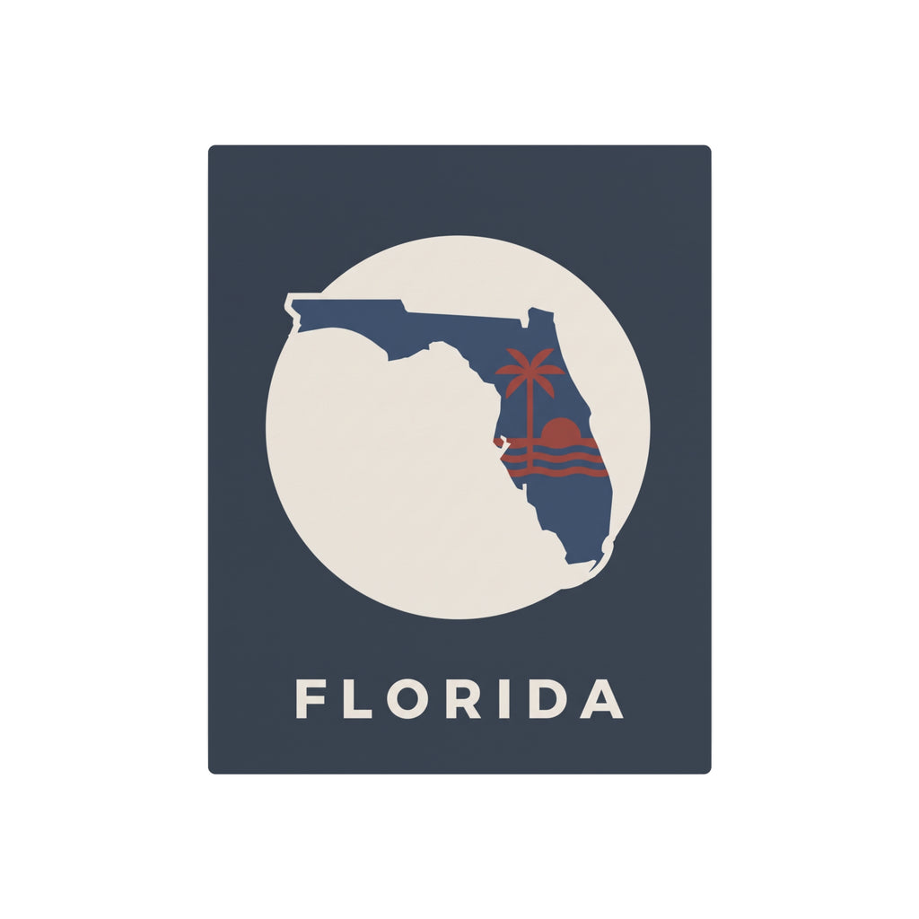 Blue metal art sign with white circle, colorful Florida silhouette details, and 'FLORIDA'