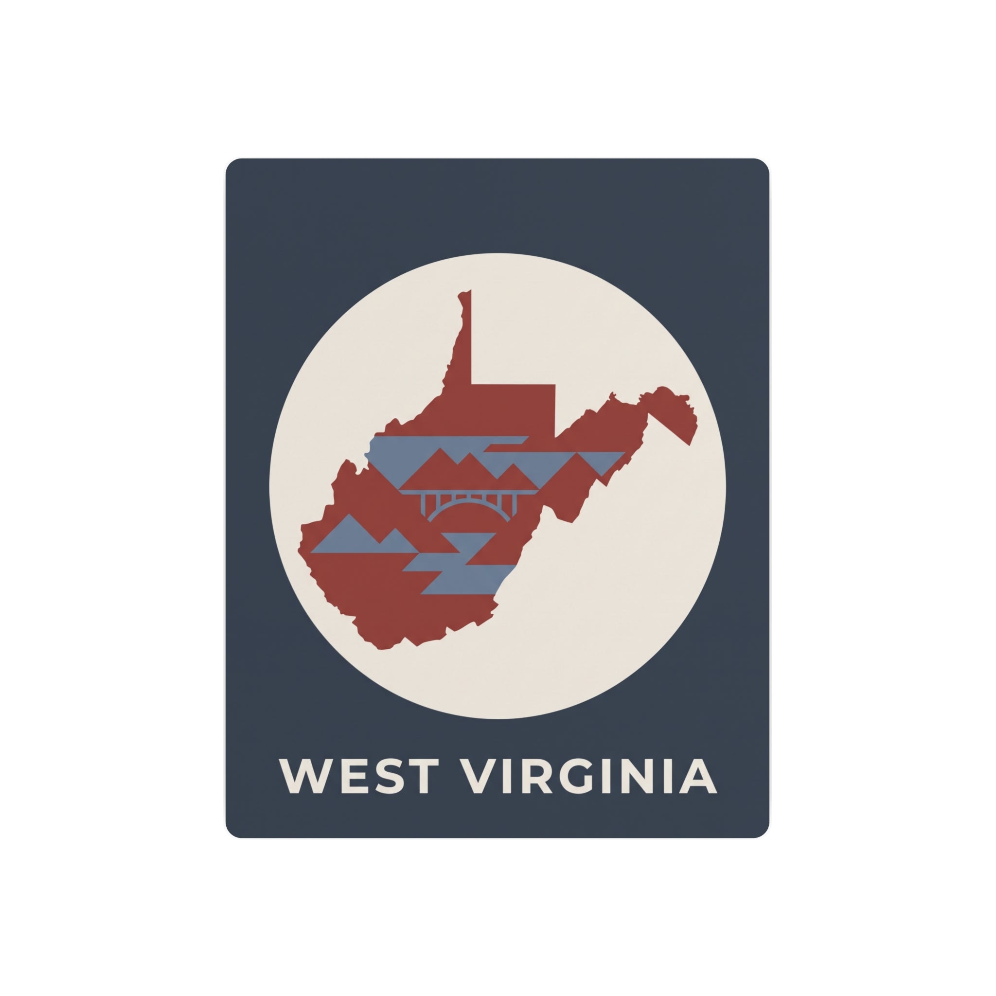 West Virginia metal map art sign, dark blue with circular WV graphic and 'WEST VIRGINIA' text.