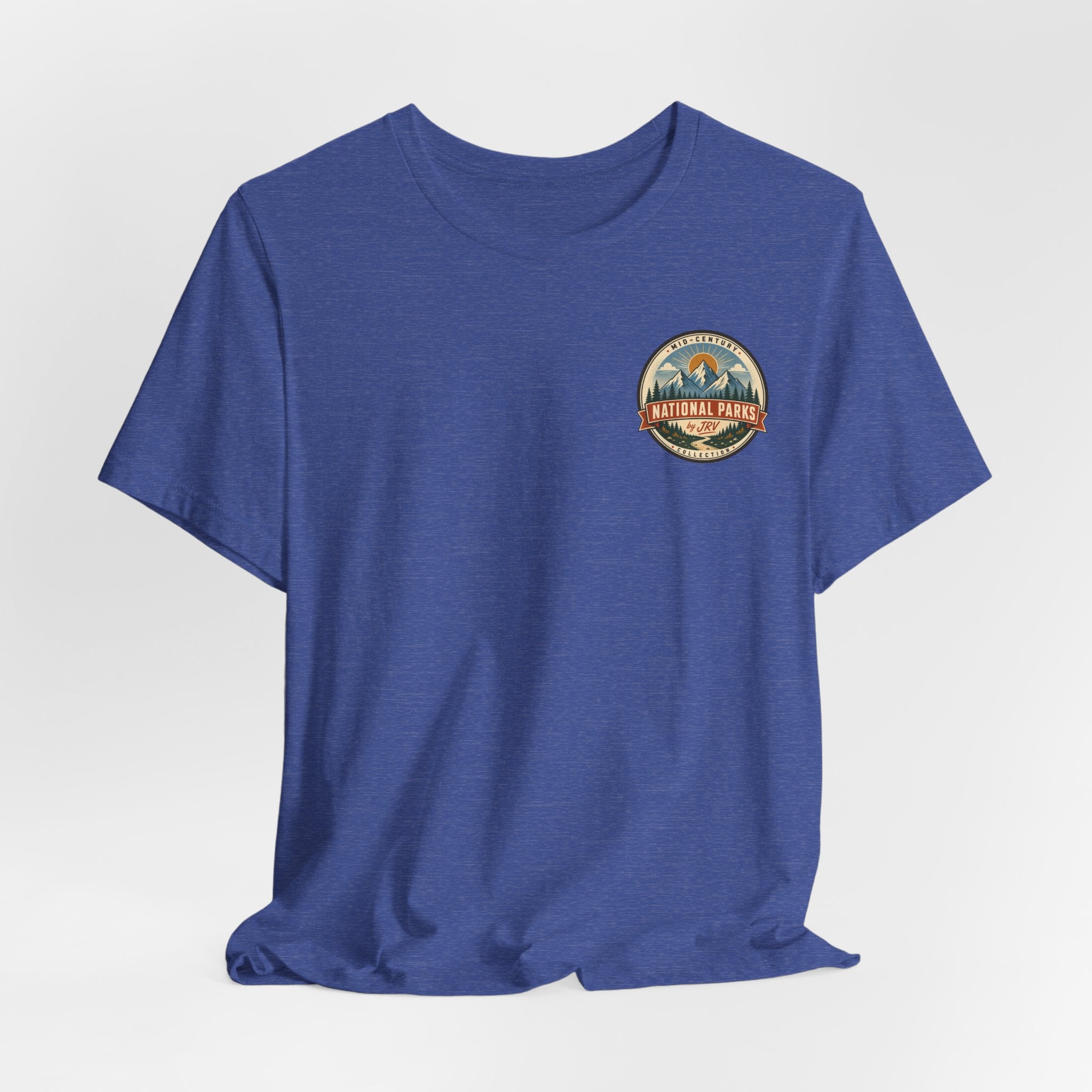 Royal blue short-sleeve crew neck t-shirt with small circular National Park badge
