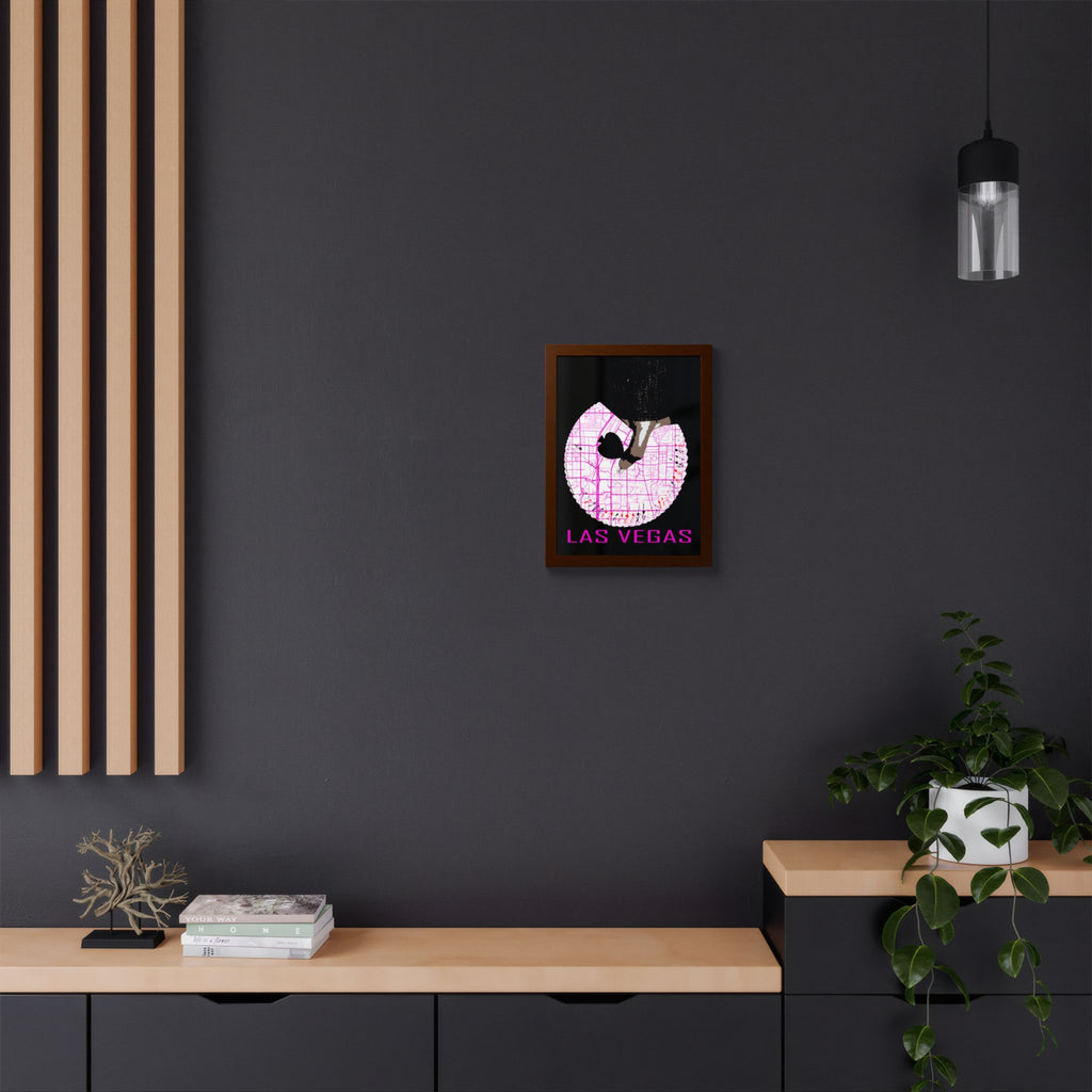 Las Vegas Pinup-Poster: kleines Bild im braunen Rahmen, Kartenform und Magenta „LAS VEGAS“