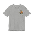 Dark gray crewneck T-shirt with small round chest graphic logo