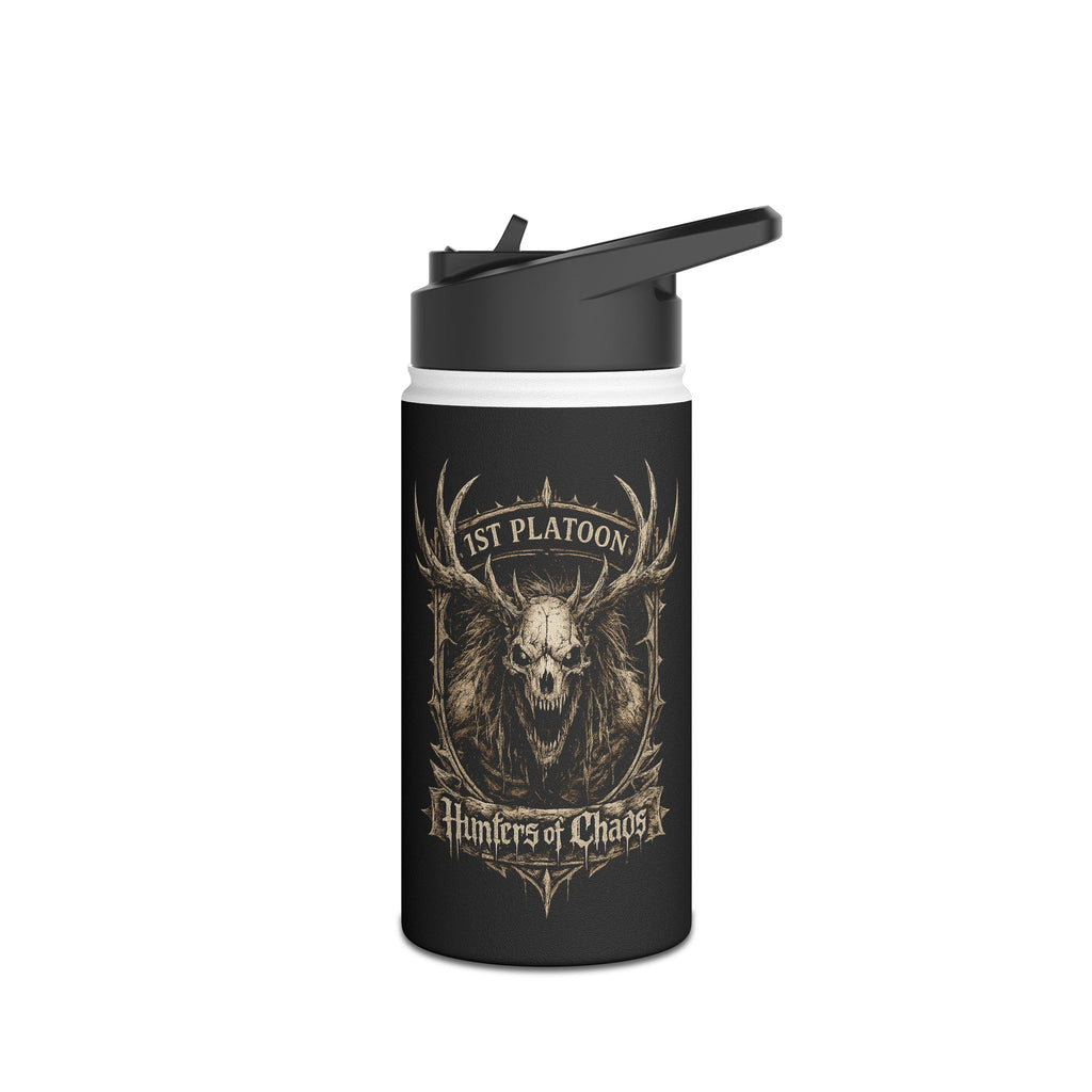 Stainless steel tumbler, black with gold deer head and Hunters of Chaos text