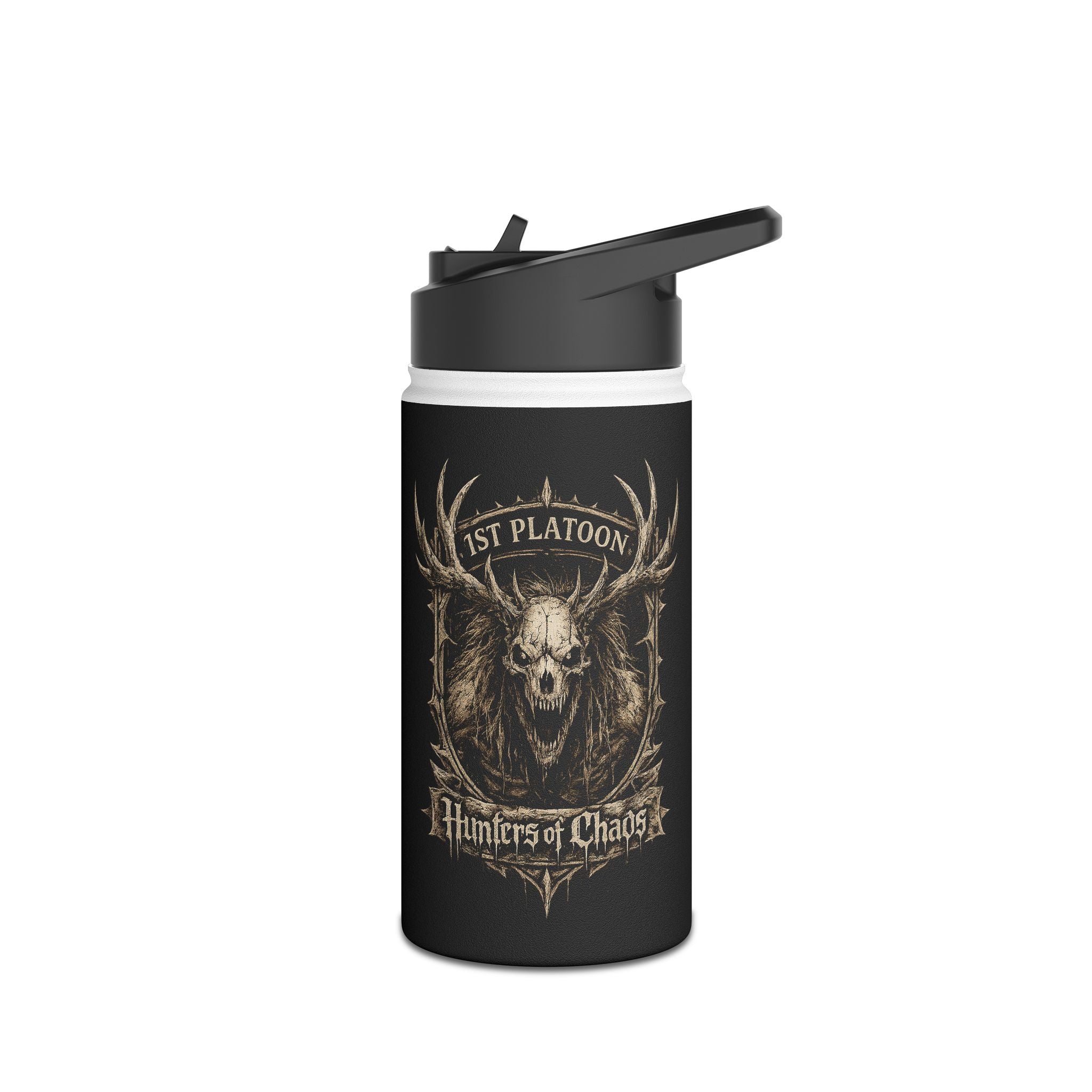 Stainless steel tumbler, black with gold deer head and Hunters of Chaos text