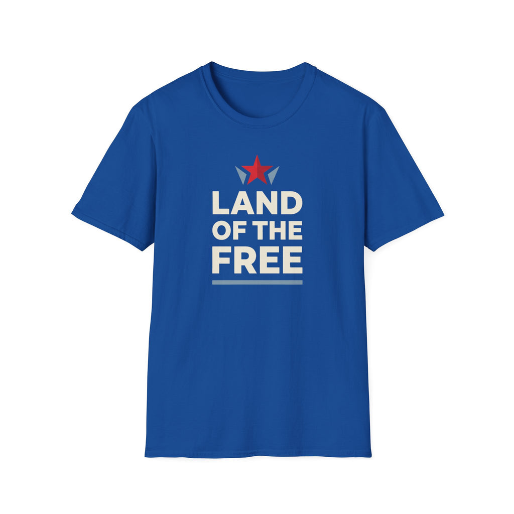 Royal blue T-shirt with red star graphic and white Land of the Free lettering