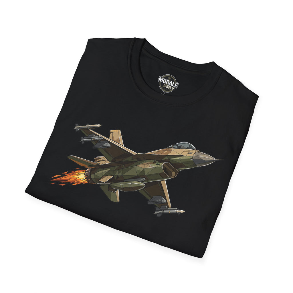 Black fighter jet T-shirt with camouflage aircraft graphic and orange flame accents